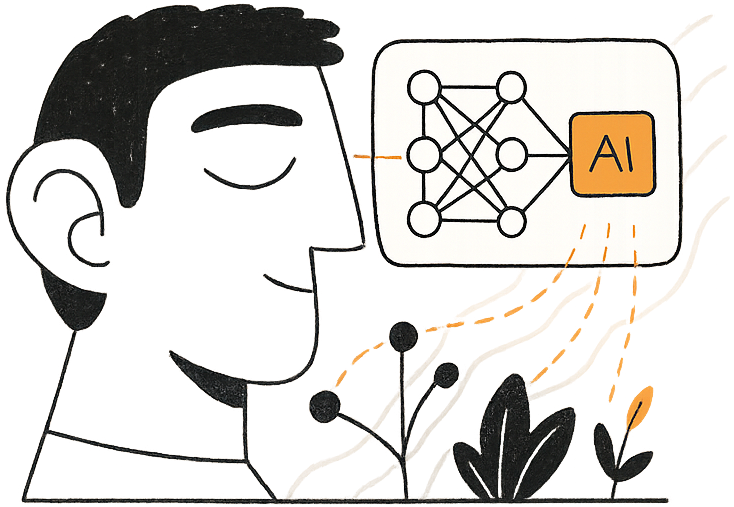 A conceptual illustration depicting the connection between human cognition, artificial intelligence, and nature, featuring a human head connected to a neural network and AI block